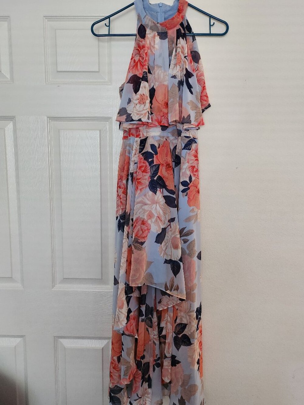 Eliza J Floral Chiffon Halter High-Low Maxi Dress Blue Coral